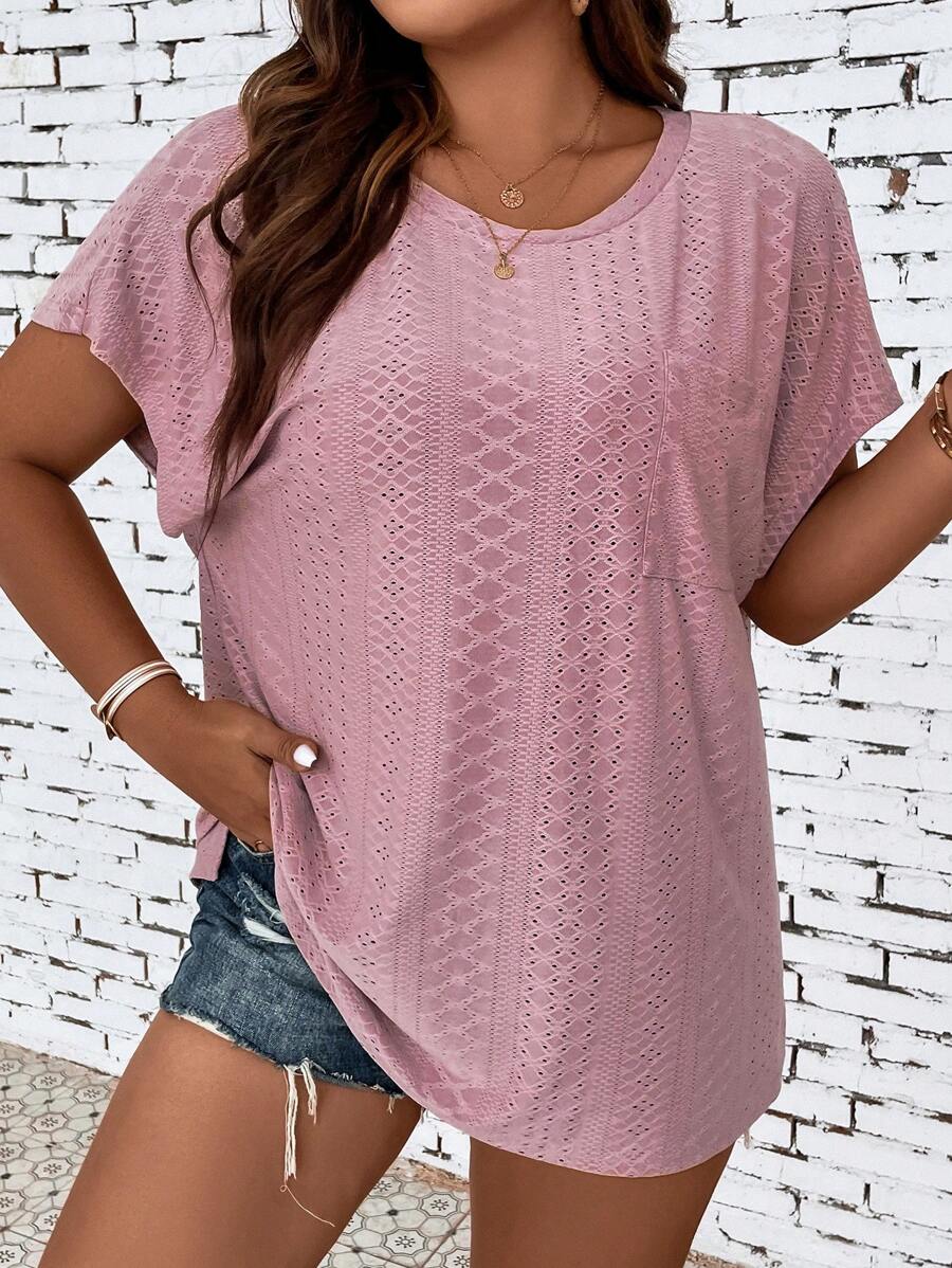 SHEIN LUNE 大碼網眼刺繡蝙蝠袖口袋貼布T恤 - 藕粉色 - 查看 1