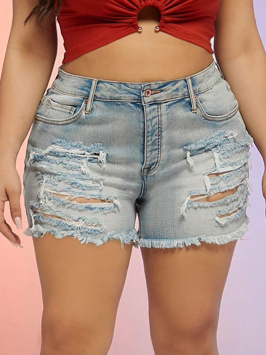 Plus High Rise Frayed Hem Denim Shorts - Rửa nhẹ - Xem 1