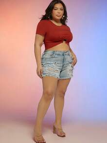 Plus High Rise Frayed Hem Denim Shorts - Rửa nhẹ - Xem 3