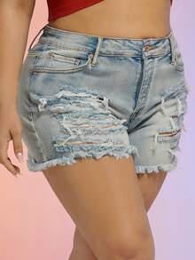 Plus High Rise Frayed Hem Denim Shorts - Rửa nhẹ - Xem 5