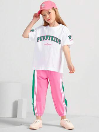 Chicas adolescentes con estampado de letra Camiseta de hombros caídos & con costura lateral en contraste Pantalones