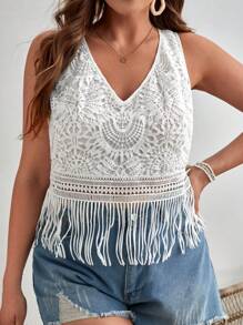 SHEIN VCAY Top tank bajo con fleco con encaje - Blanco - Ver 1