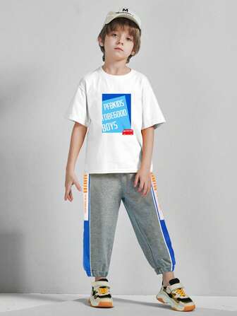 Boys Slogan Graphic Drop Shoulder Tee & Sweatpants