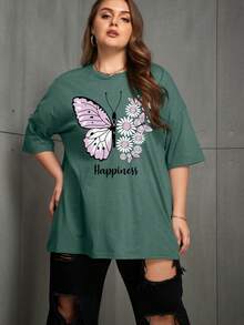 SHEIN Unity Plus Floral & Butterfly Print Drop Shoulder Tee - Dark Green - View 4