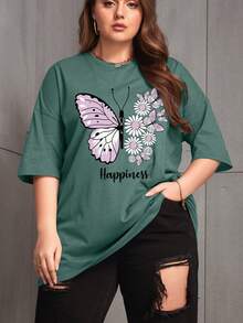 SHEIN Unity Plus Floral & Butterfly Print Drop Shoulder Tee - Dark Green - View 6