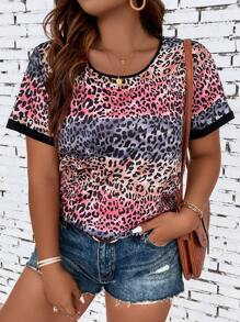 SHEIN LUNE 大碼豹紋印花滾邊T恤 - 彩色 - 查看 1