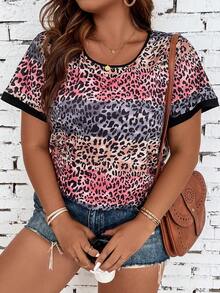 SHEIN LUNE 大碼豹紋印花滾邊T恤 - 彩色 - 查看 5
