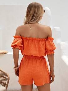 SHEIN VCAY Shorts con top de hombros descubiertos ribete fruncido con cordón delantero - Naranja - Ver 2