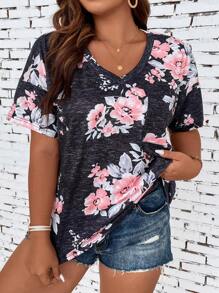 SHEIN LUNE 大尺碼女款花卉印花 V 領 T 卹 - 灰色 - 查看 3