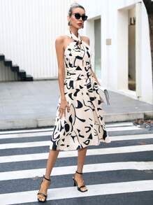 Aveloria Allover Print Zip Back Halter Dress Workwear