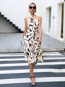 Aveloria Allover Print Zip Back Halter Dress Workwear