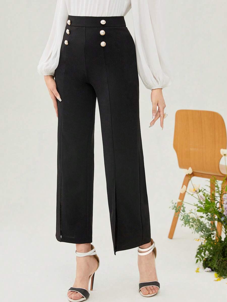 Modelyn Quần nữ Chia Dây kéo Nút đôi màu trơn Thanh lịch - màu đen - Xem 1