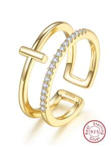 1入組時尚設計交叉銀戒指帶方晶鋯石石頭鑲嵌 - 金黃色 - 查看 1