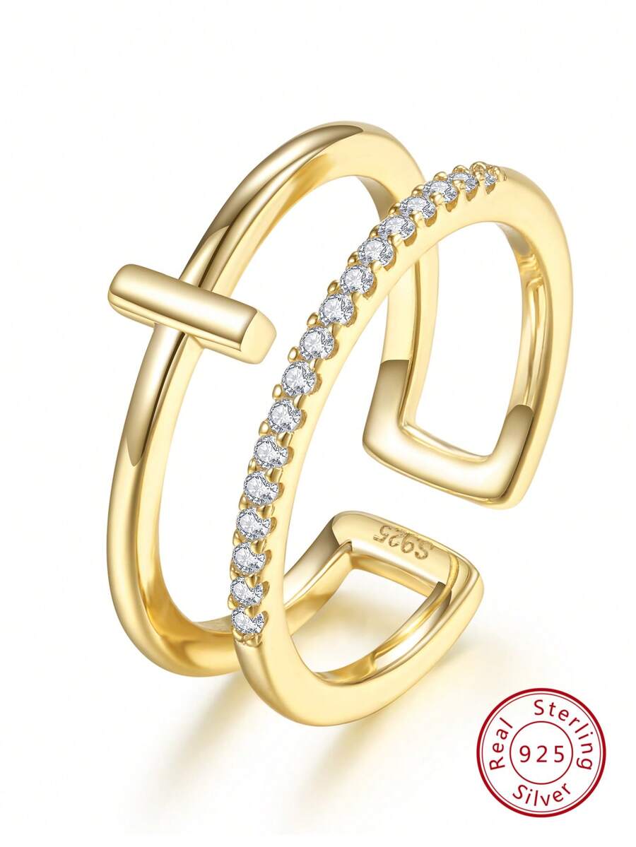 1 PC Thiết Kế Thời Trang Chéo Nhẫn Bạc Đính Đá Cubic Zirconia - Vàng - Xem 1