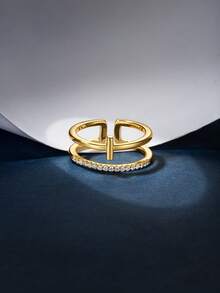 1入組時尚設計交叉銀戒指帶方晶鋯石石頭鑲嵌 - 金黃色 - 查看 3