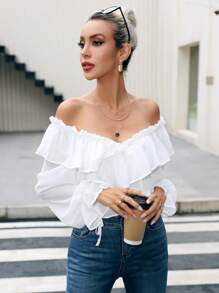 GENKIRA 一字肩荷葉邊荷葉袖襯衫 - 白色 - 查看 1