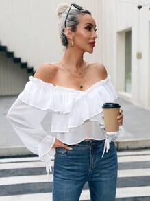 GENKIRA 一字肩荷葉邊荷葉袖襯衫 - 白色 - 查看 5