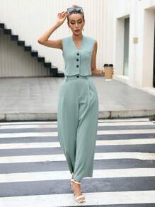 SHEIN BIZwear 素色前紐扣馬甲西裝外套和闊腿褲工作服 - 青碧色 - 查看 5