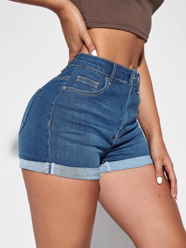 Roll Up Hem Denim Shorts SHEIN USA