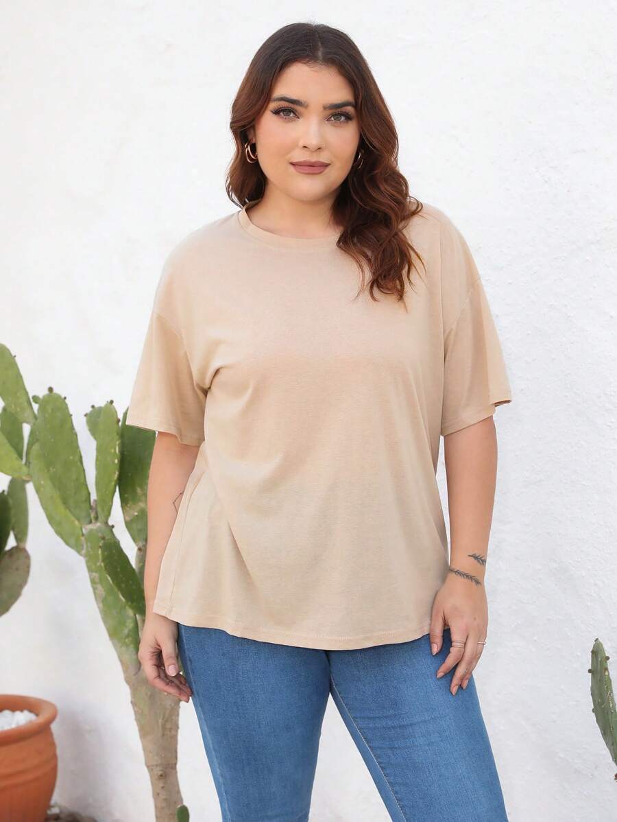 SHEIN LUNE Áo thun Plus size màu trơn Giải trí - Màu Khaki - Xem 1