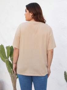 SHEIN LUNE Áo thun Plus size màu trơn Giải trí - Màu Khaki - Xem 2