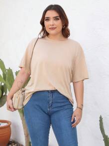 SHEIN LUNE Áo thun Plus size màu trơn Giải trí - Màu Khaki - Xem 3