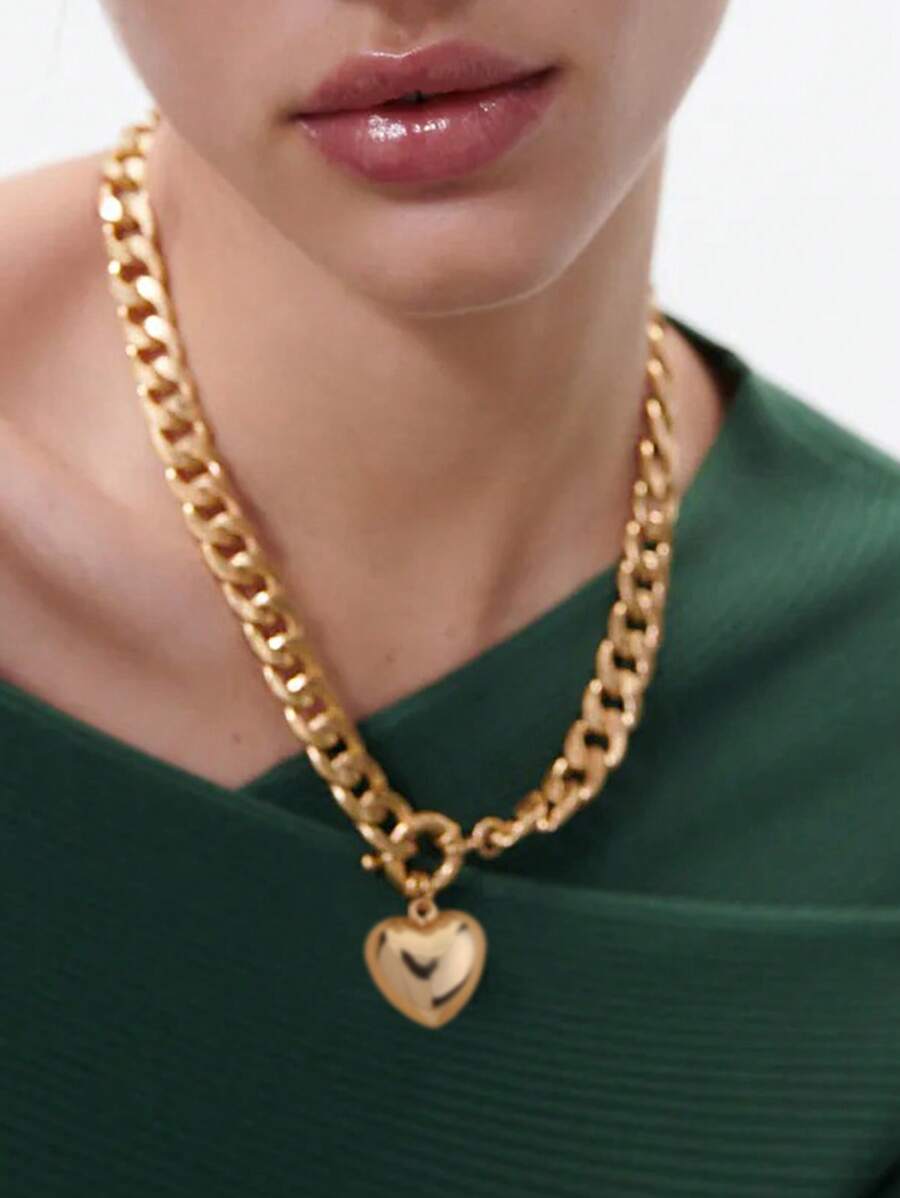 1入組歐式和美式嘻哈厚鏈條銅心形墜飾項鍊 - 金黃色 - 查看 1