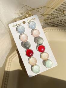 6對/套時尚圓形耳釘適合女士日常裝飾 - 彩色 - 查看 1