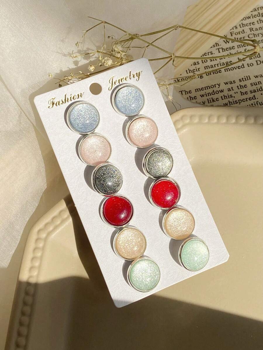 6對/套時尚圓形耳釘適合女士日常裝飾 - 彩色 - 查看 1