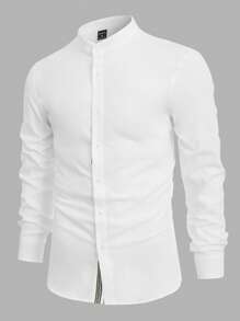 Manfinity BRENVOR Men Cotton Solid Button Front Shirt, Fall, Long Sleeve Top - White - View 1