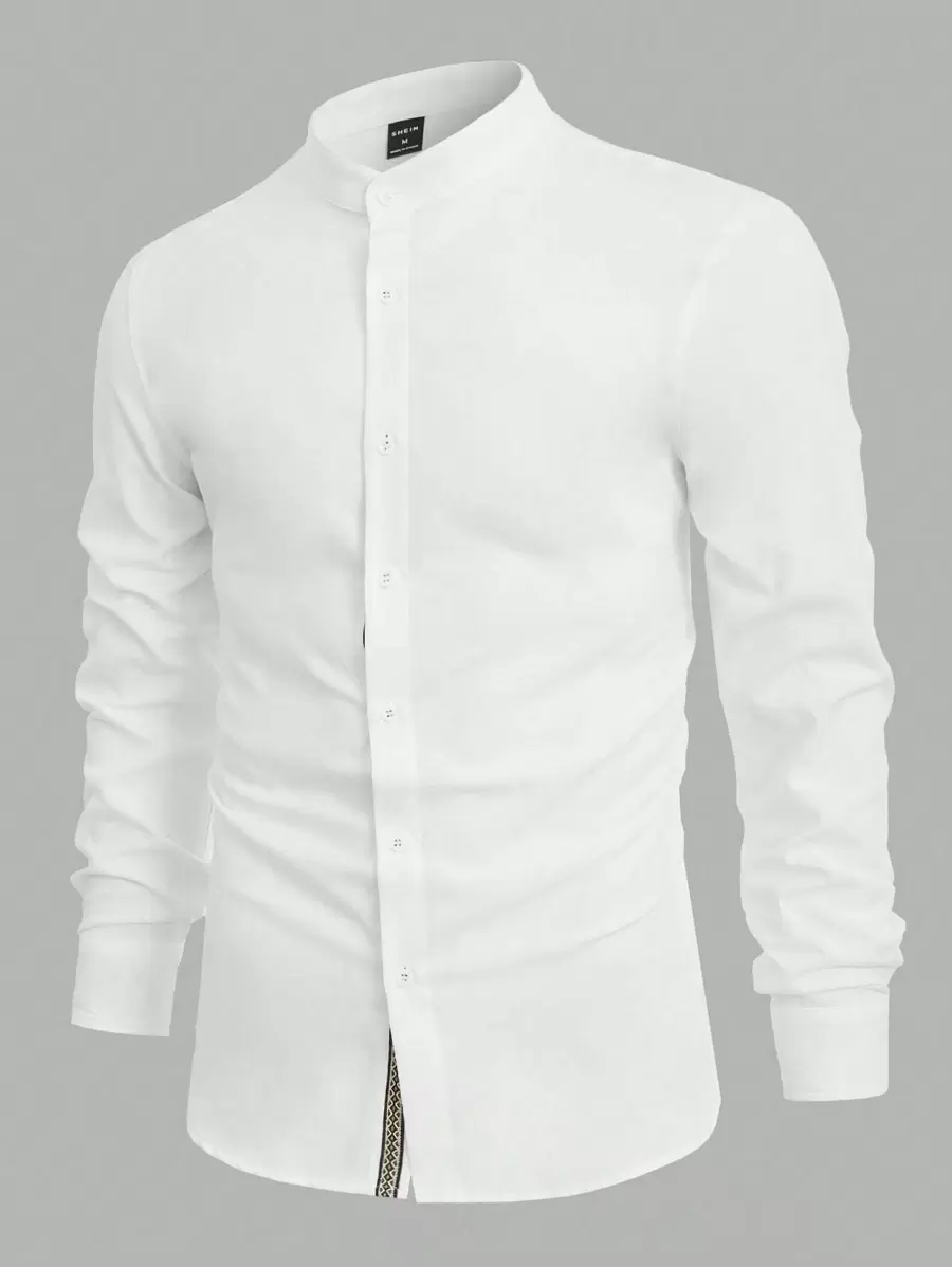 Manfinity BRENVOR Men Cotton Solid Button Front Shirt, Fall, Long Sleeve Top - White - View 1
