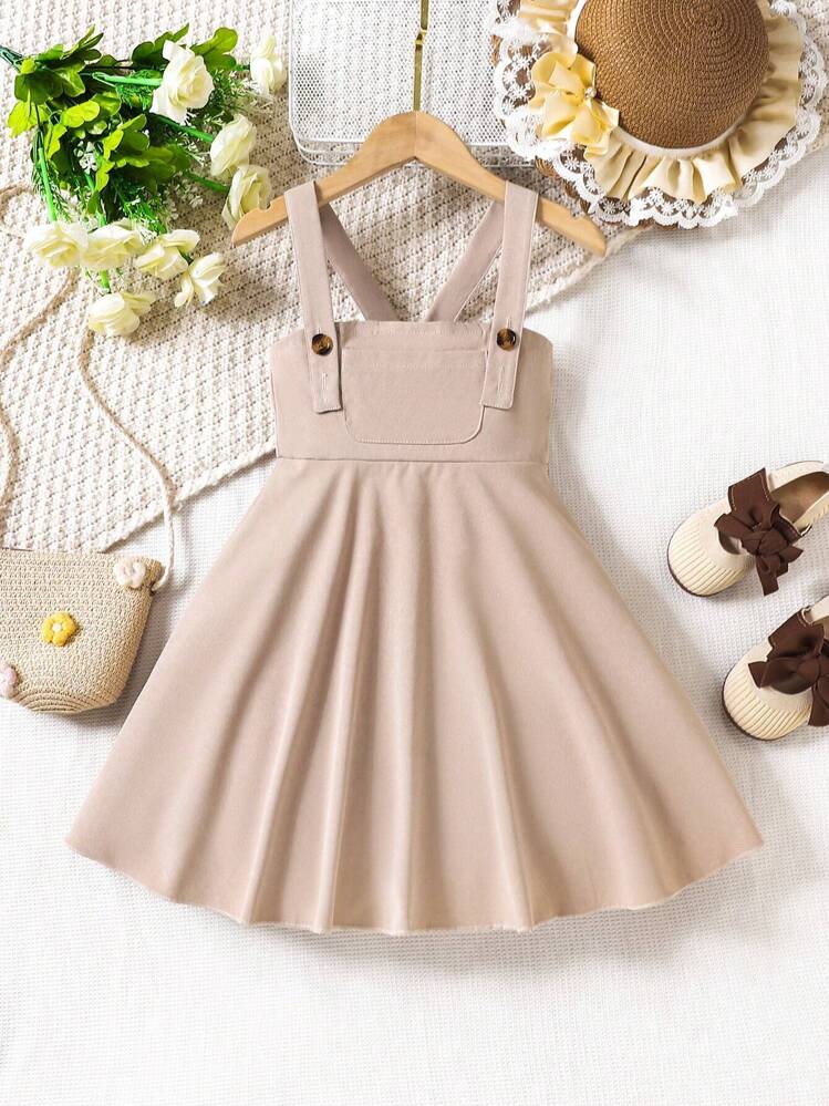 SHEIN Young Girl Camel Elegant Solid Color V-neck Sleeveless Dress With Adjustable Buckle Strap For Summer - Camel - View 1