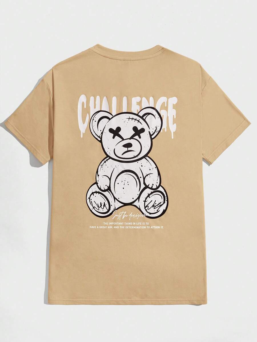 Manfinity VCAY 男士棉標語和卡通圖案T恤 - 卡其色 - 查看 1