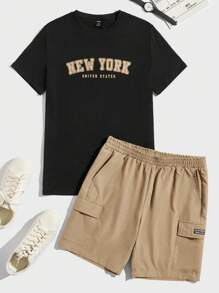 SWAVVY Men Letter Graphic Tee & Flap Pocket Shorts