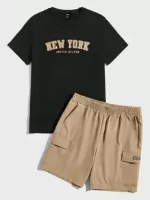 SWAVVY Men Letter Graphic Tee & Flap Pocket Shorts