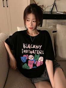 Slogan Graphic Drop Shoulder Oversized Tee - Black - View 4