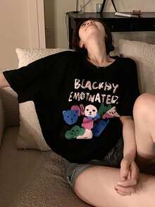 Slogan Graphic Drop Shoulder Oversized Tee - Black - View 5