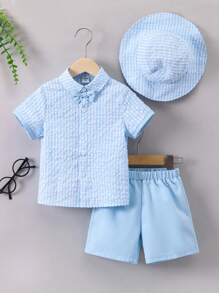 SHEIN 小男童格紋印花襯衫和短褲套裝 - 藍色 - 查看 1