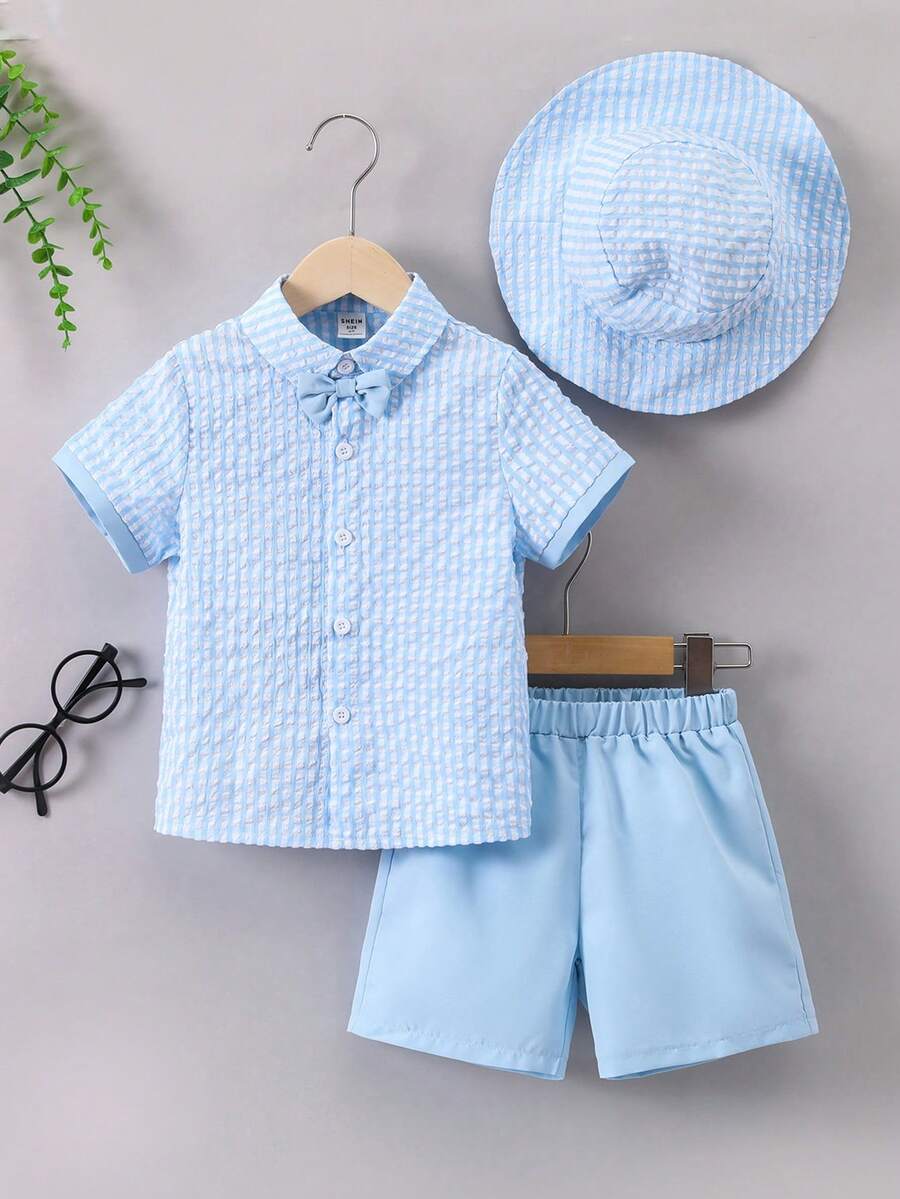 SHEIN 小男童格紋印花襯衫和短褲套裝 - 藍色 - 查看 1