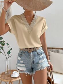 SHEIN LUNE 拼接水溶蕾絲蝙蝠袖襯衫 - 杏色 - 查看 5