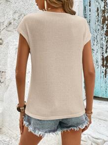 SHEIN LUNE Guipure Lace Panel Waffle Knit Batwing Sleeve Tee - Beige - View 2