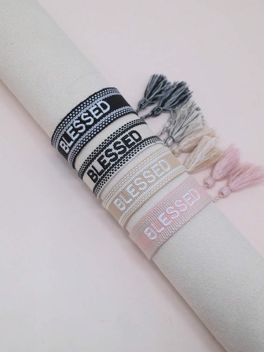 Letter Embroidered Tassel Decor Bracelet - Black and White - View 1