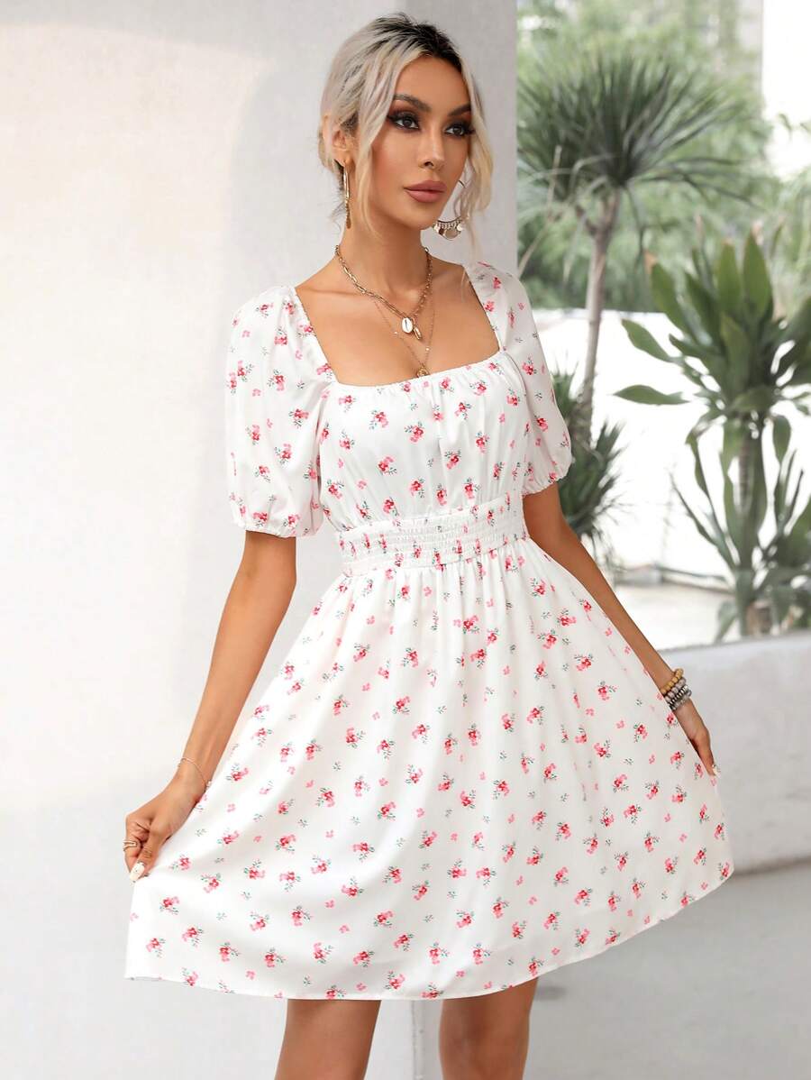 SHEIN Frenchy Ditsy Floral Print Square Neck Puff Sleeve Dress - White - View 1