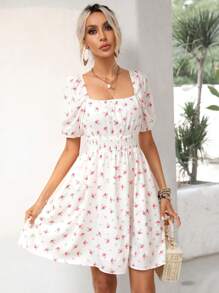 SHEIN Frenchy Ditsy Floral Print Square Neck Puff Sleeve Dress - White - View 5