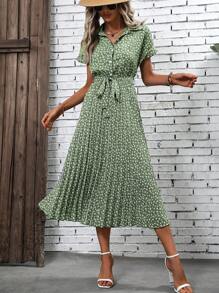 SHEIN Clasi 碎花腰帶襯衫連衣裙 - 綠色 - 查看 1