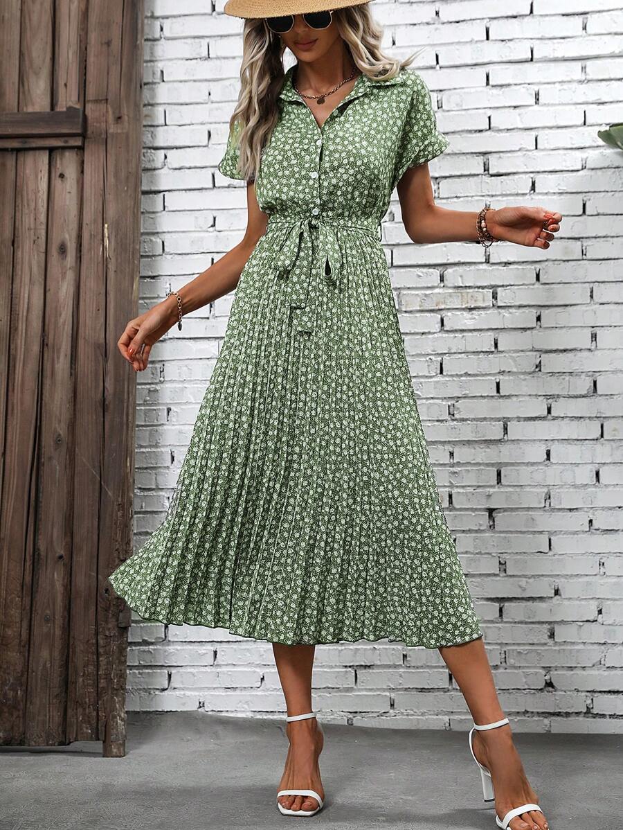 SHEIN Clasi 碎花腰帶襯衫連衣裙 - 綠色 - 查看 1