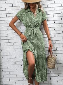 SHEIN Clasi 碎花腰帶襯衫連衣裙 - 綠色 - 查看 3