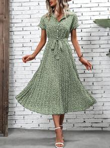 SHEIN Clasi 碎花腰帶襯衫連衣裙 - 綠色 - 查看 4