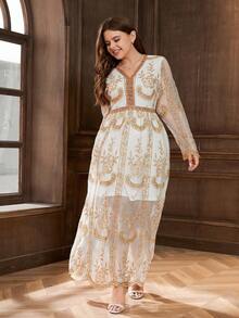 Đầm Plus Size Tương phản Mesh Thêu Tương phản ràng buộc Hoa Thanh lịch - Nhiều màu - Xem 5