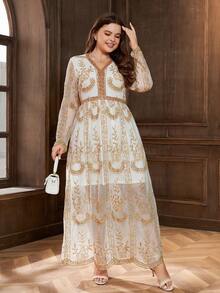 Đầm Plus Size Tương phản Mesh Thêu Tương phản ràng buộc Hoa Thanh lịch - Nhiều màu - Xem 6